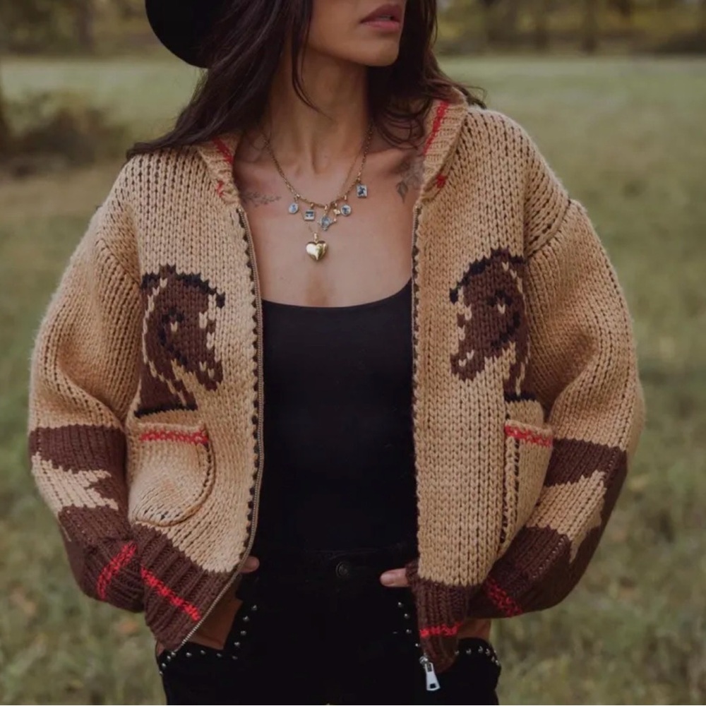 New Knitted Horse Print Cardigan Sweater Western Rodeo Montana Coat - Picture 4 of 14